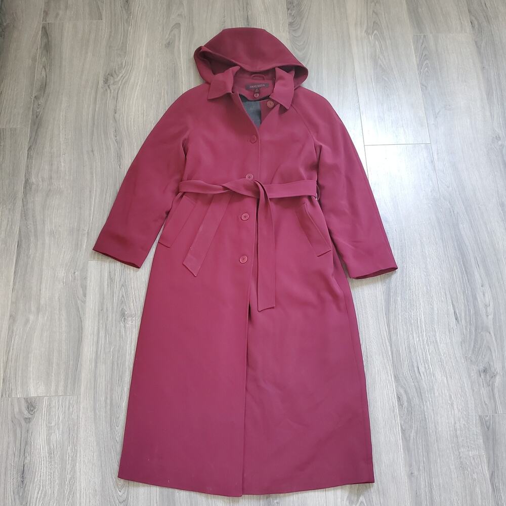 Anne Klein Coat Womens 8P Burgundy Hooded Belted Long Trench Polyester Lined